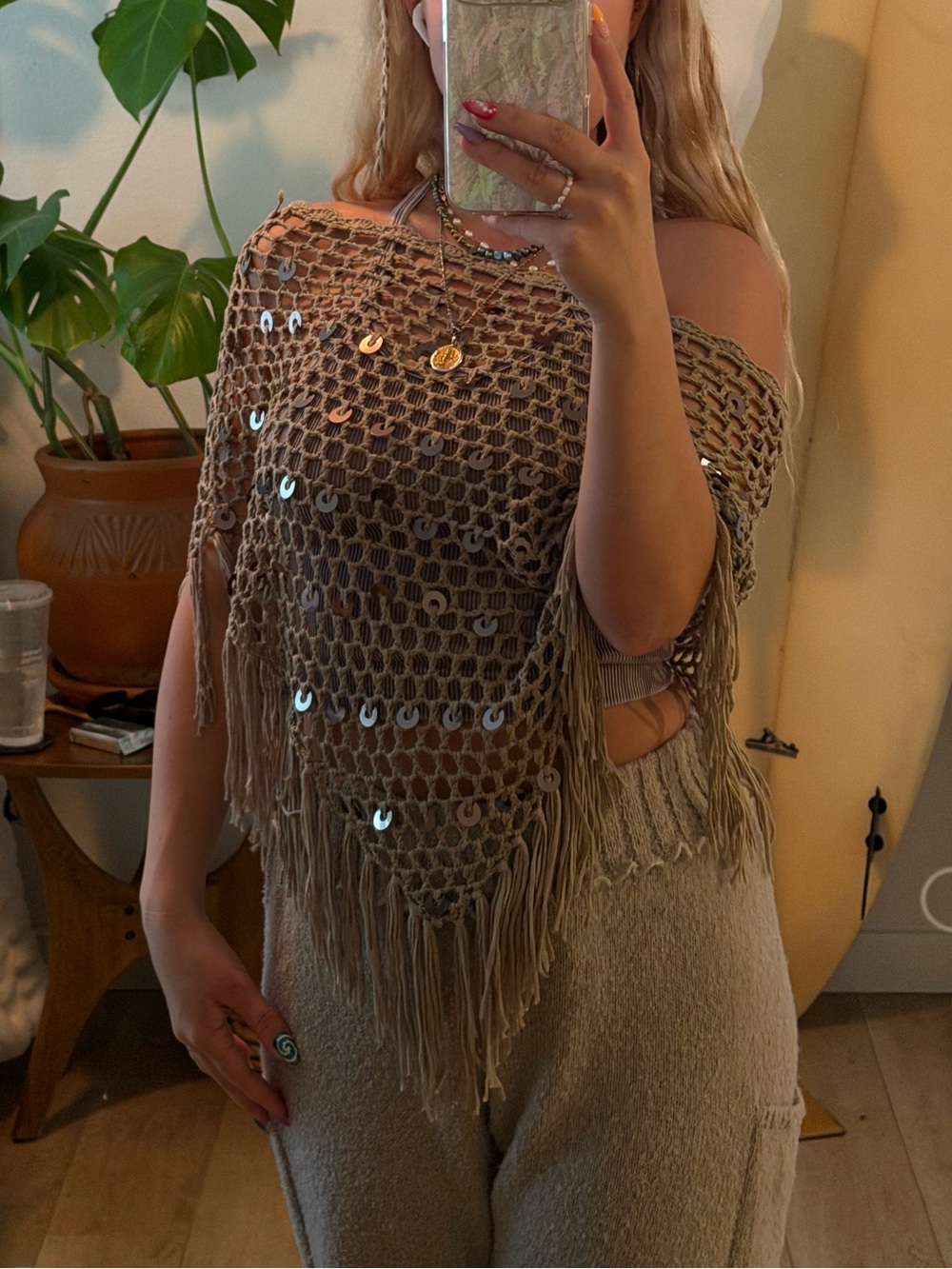 Beige Crochet Fringe Sweater Poncho shawl - Neutral Women’s Top